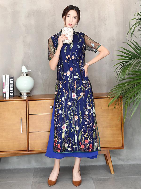 Navy-blue Lace Embroidered Long Cheongsam Ao Dai Dress