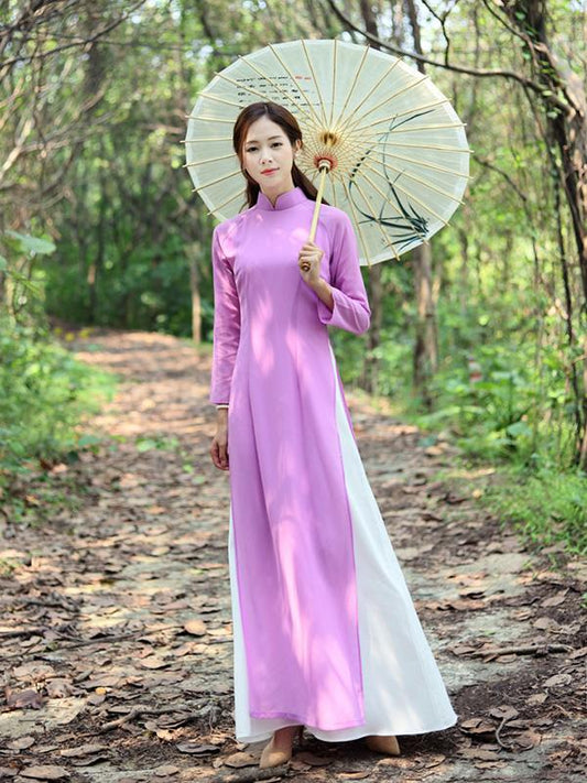 Tradition Purple Long Cheongsam Ao Dai