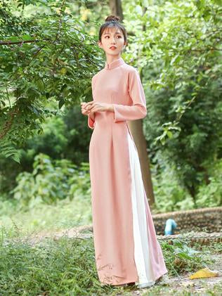 Pink Zipped Split-side Long Ao Dai Cheongsam Dress