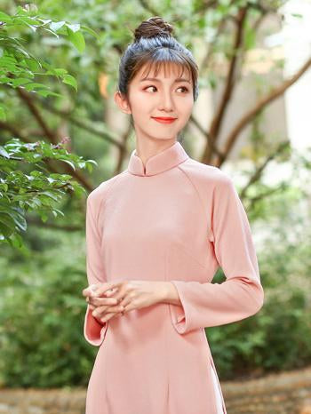 Pink Zipped Split-side Long Ao Dai Cheongsam Dress