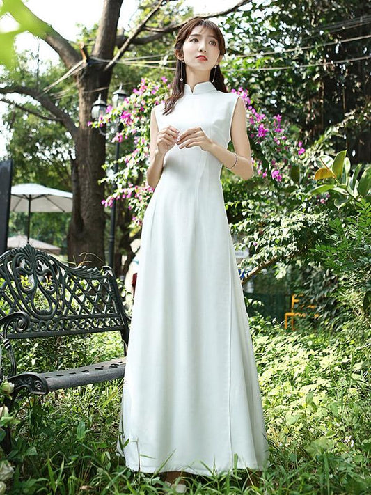 White Tradition Sleeveless Cheongsam Ao Dai