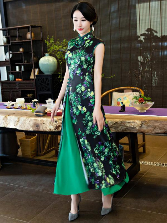 Green Stand Collar Split-side Ao Dai Cheongsam