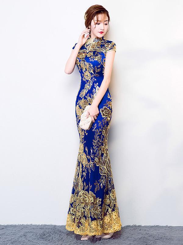 Chinese Traditional Mermaid Evening Dress in Blue Color with Floral Print