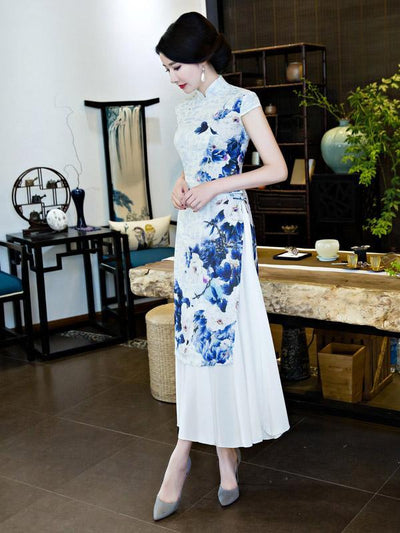 Chinese Traditional Silk Cheongsam Dress with Flower Print