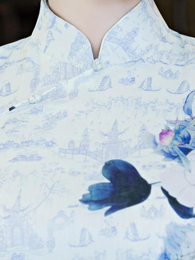 Chinese Traditional Silk Cheongsam Dress with Flower Print