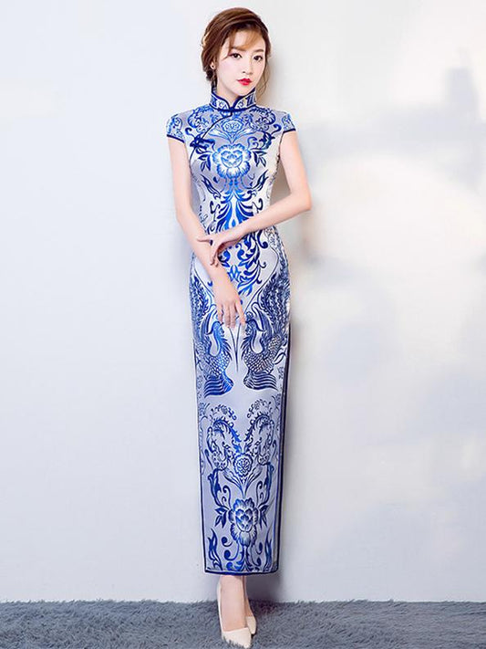 Tradition Blue Long Cheongsam Evening Dress