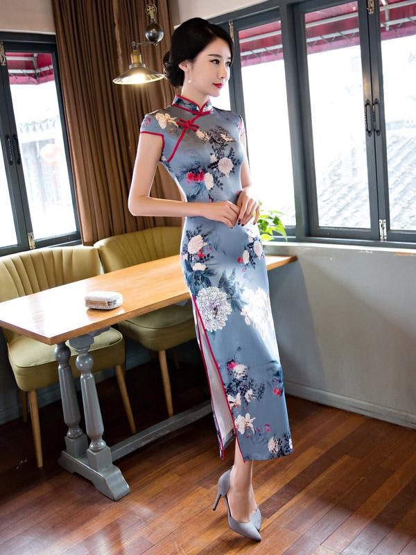 Blue-gray Peony Print Stand-collar Long Cheongsam