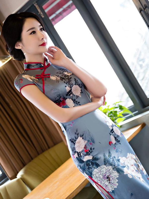 Blue-gray Peony Print Stand-collar Long Cheongsam