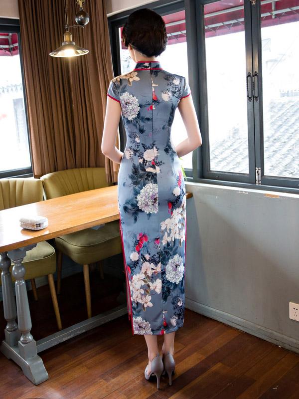 Blue-gray Peony Print Stand-collar Long Cheongsam