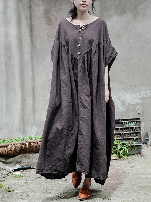 Gray Solid Color Ramie Cotton Long Dress