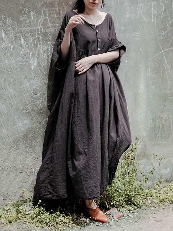 Gray Solid Color Ramie Cotton Long Dress