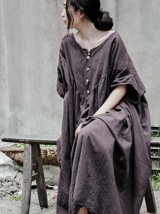 Gray Solid Color Ramie Cotton Long Dress