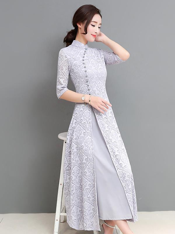 Gray&Coffee Lace A-line Long Cheongsam Ao Dai