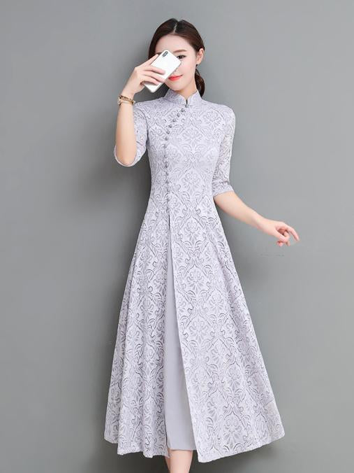 Gray&Coffee Lace A-line Long Cheongsam Ao Dai