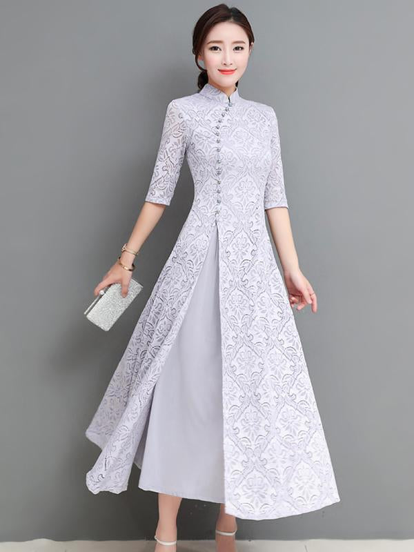 Gray&Coffee Lace A-line Long Cheongsam Ao Dai