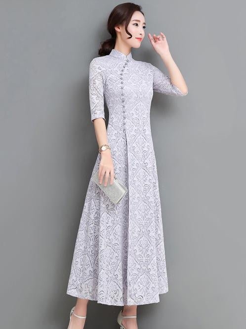 Gray&Coffee Lace A-line Long Cheongsam Ao Dai