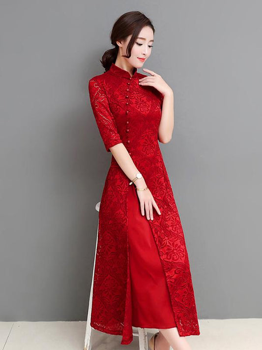 Red&Green Lace A-line Long Cheongsam Ao Dai