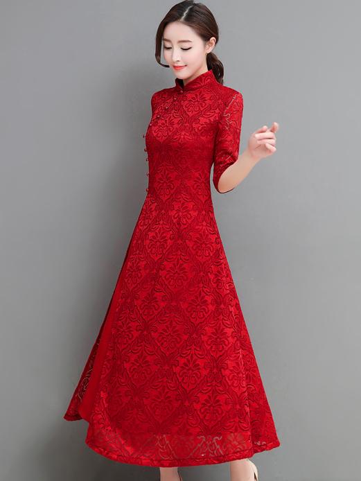 Red&Green Lace A-line Long Cheongsam Ao Dai