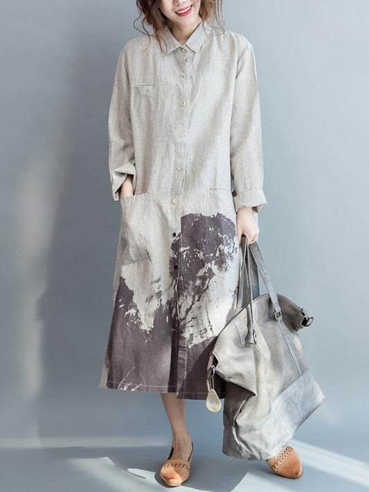 Cotton Long Loose Dress with Natural Sketch Print