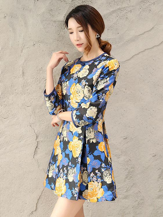 Embroidered Blue A Line Cheongsam Mini Dress