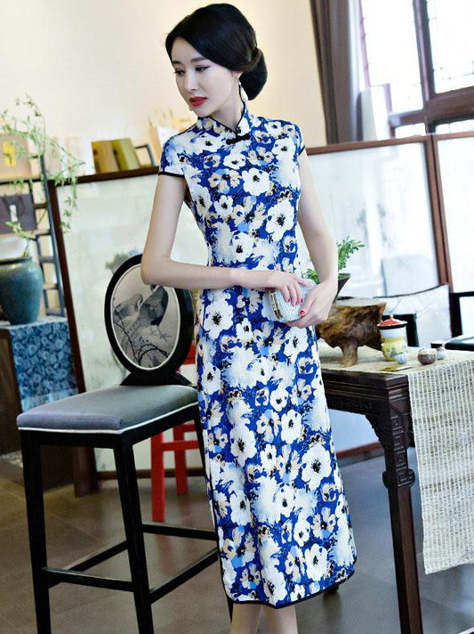 White Flower Printed  Midi Cheongsam