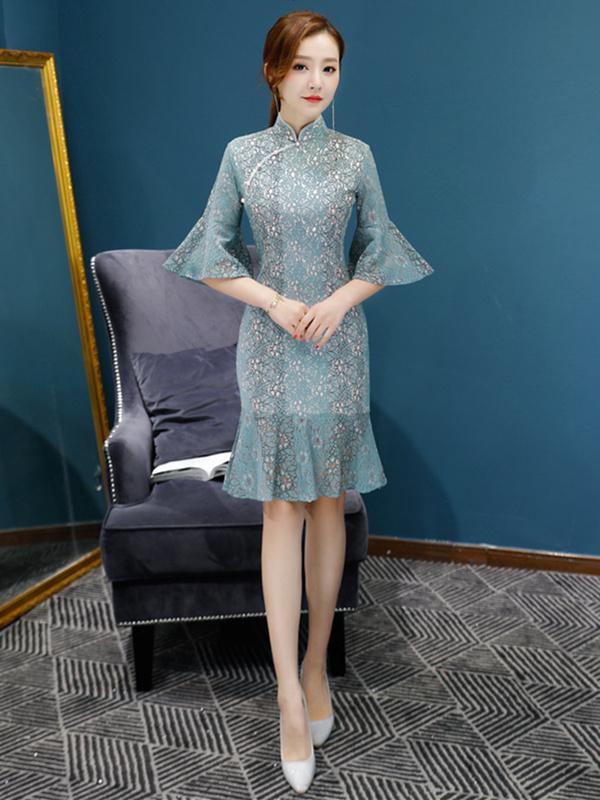 Lace Flared Sleeves Falbala Mermaid Short Cheongsam