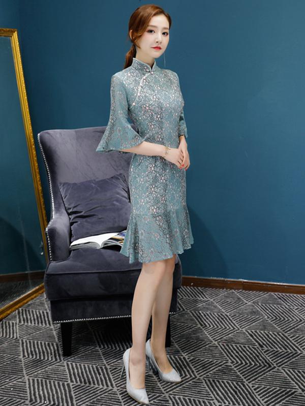 Lace Flared Sleeves Falbala Mermaid Short Cheongsam