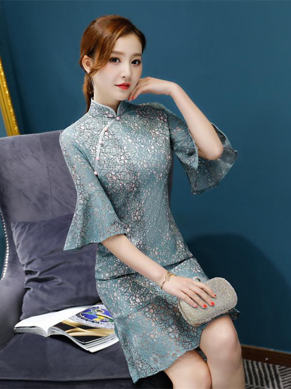 Lace Flared Sleeves Falbala Mermaid Short Cheongsam