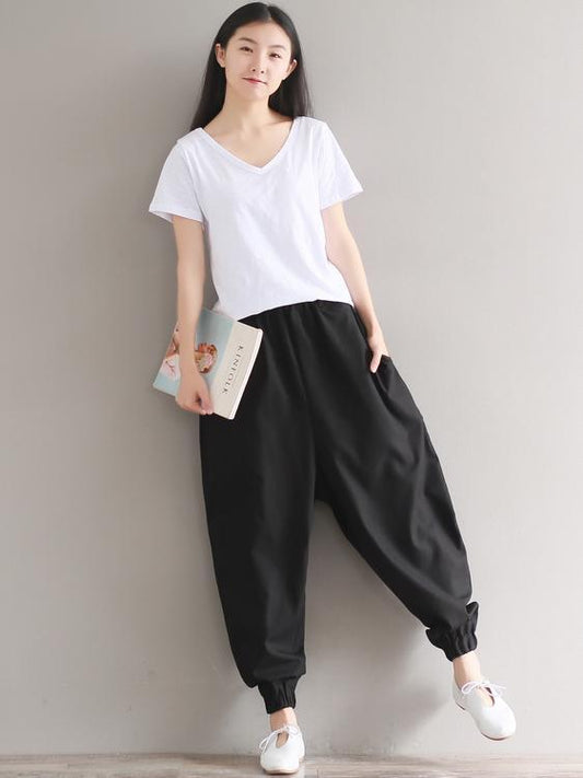 Casual Loosen Broaden Cotton Pants in Blue or Black Color