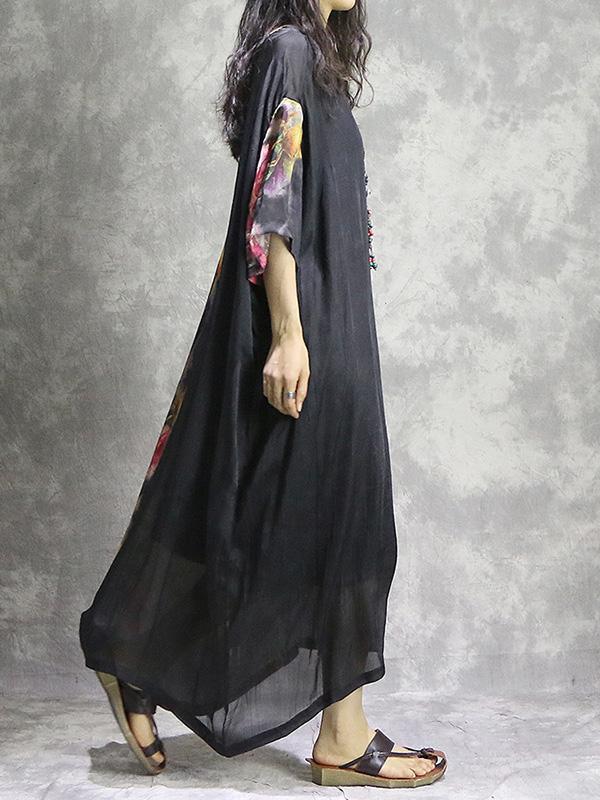 Long Retro Dress in Black Color with Floral Print