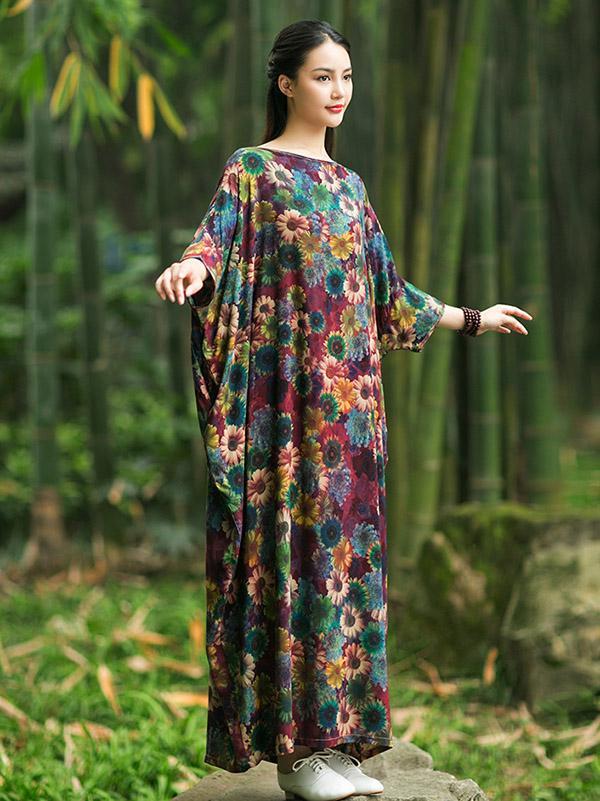 Vintage Three-quarter Sleeves Long Dress with Floral Print