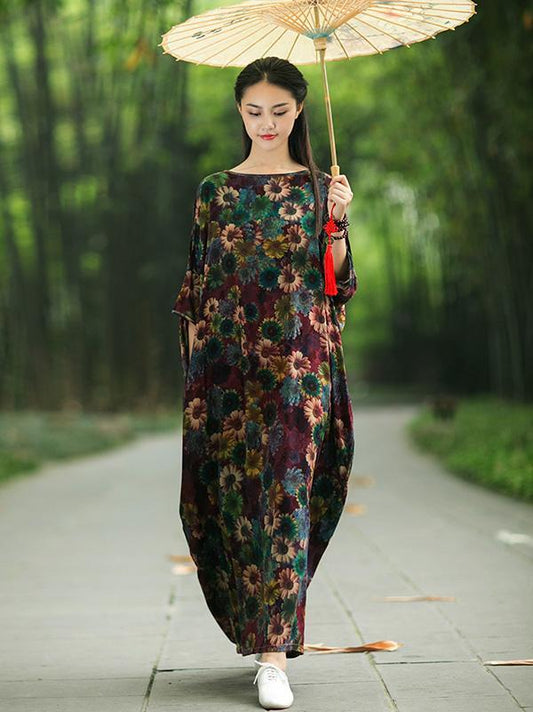 Vintage Three-quarter Sleeves Long Dress with Floral Print