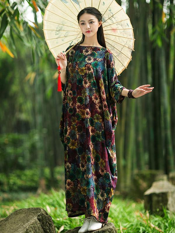 Vintage Three-quarter Sleeves Long Dress with Floral Print