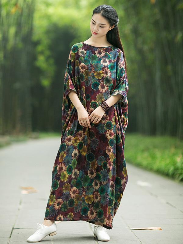 Vintage Three-quarter Sleeves Long Dress with Floral Print