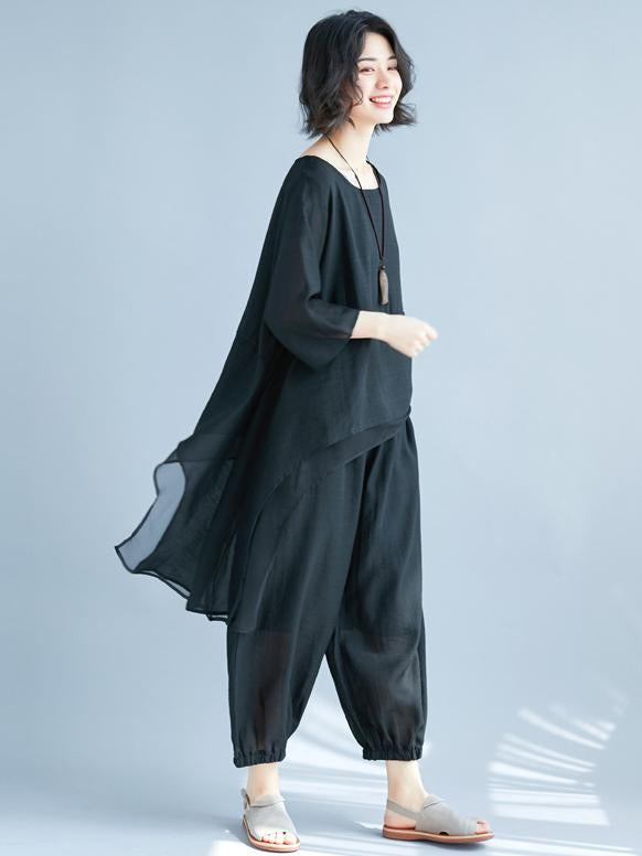 Fashion Casual Loosen Cotton Combo Suit in Black Color