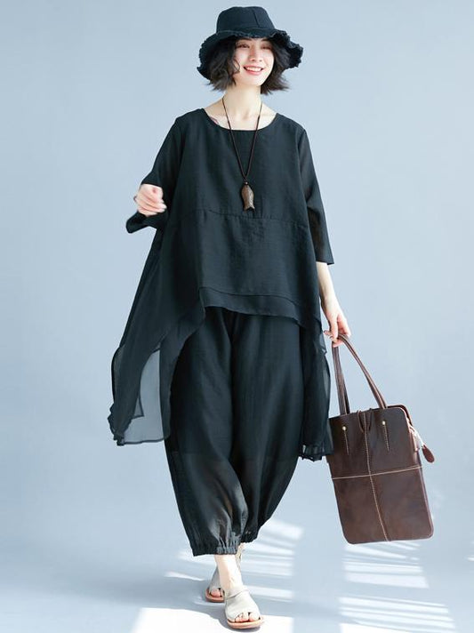 Fashion Casual Loosen Cotton Combo Suit in Black Color