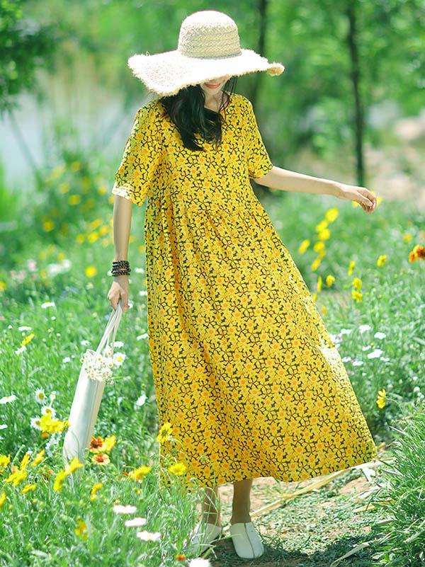 Fresh Floral Printed Yellow Long Dress