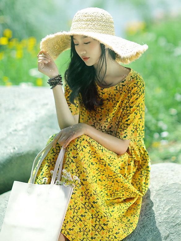 Fresh Floral Printed Yellow Long Dress