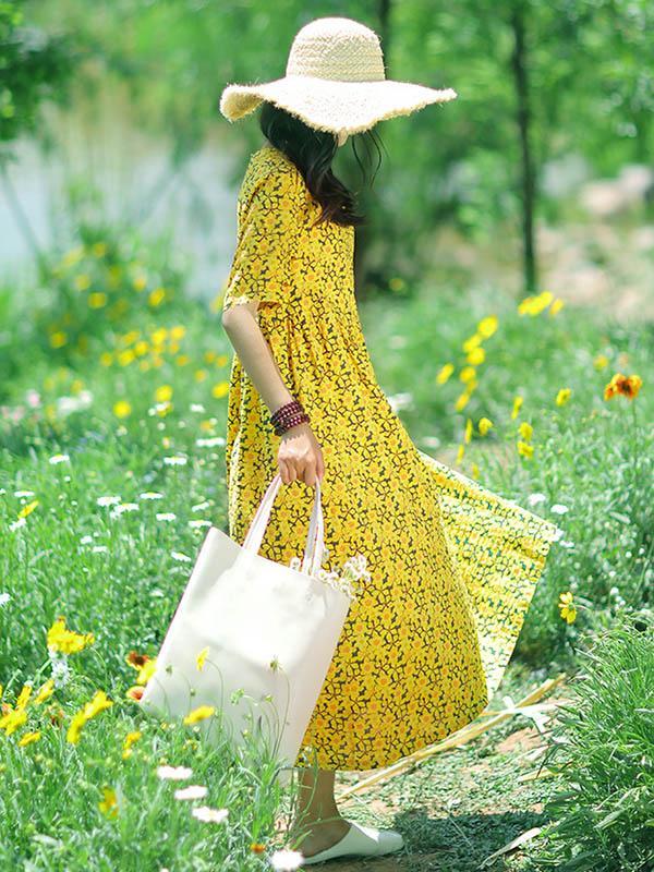 Fresh Floral Printed Yellow Long Dress