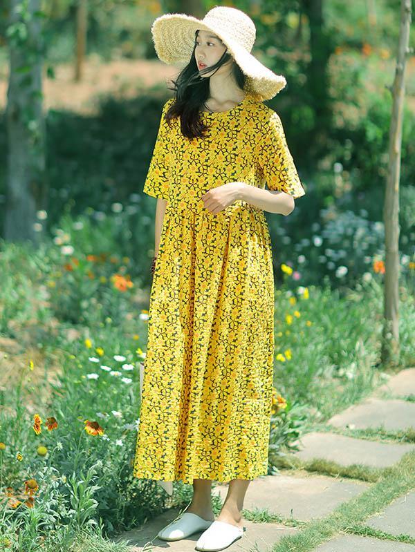 Fresh Floral Printed Yellow Long Dress