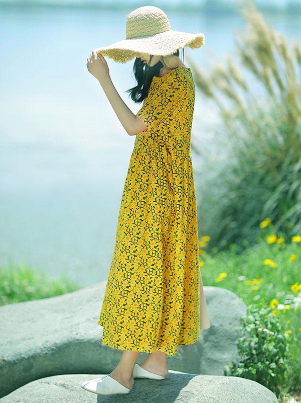 Fresh Floral Printed Yellow Long Dress