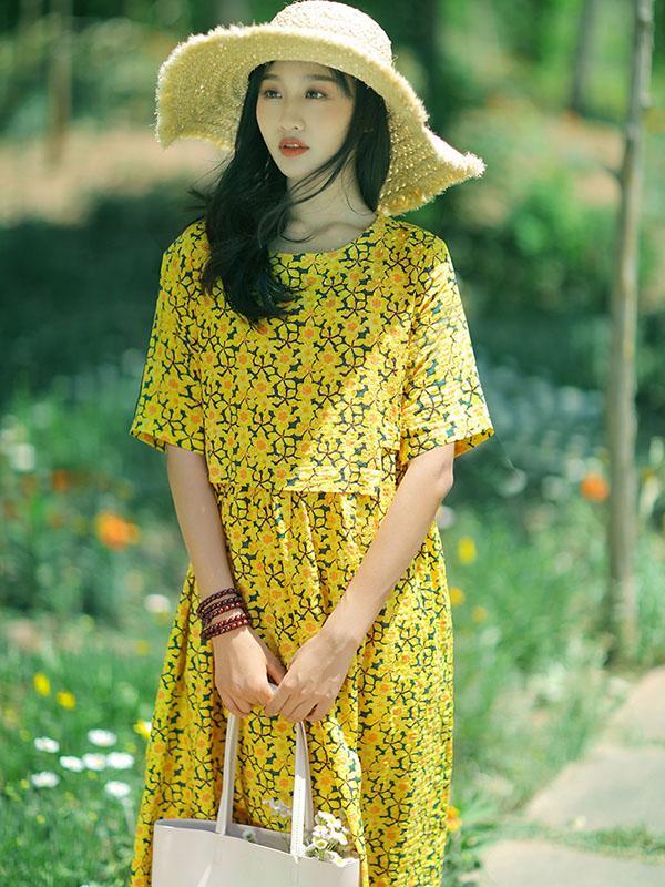 Fresh Floral Printed Yellow Long Dress