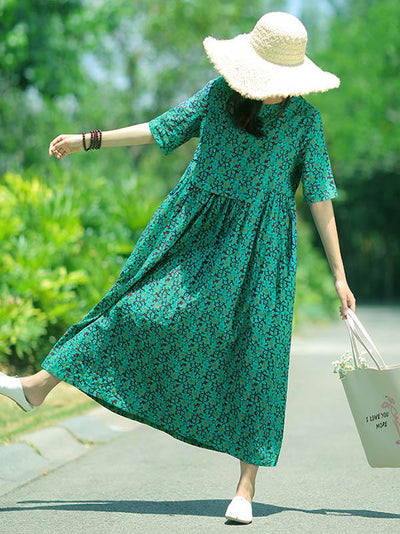 Fresh Floral Printed Green Long Dress
