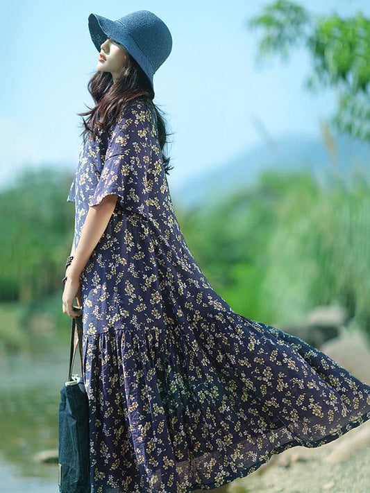 Summer Long One Half Sleeves Dress with Floral Print