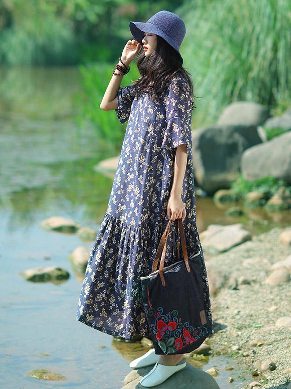 Summer Long One Half Sleeves Dress with Floral Print