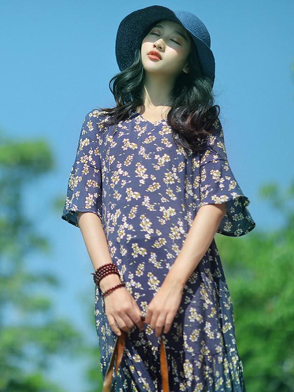 Summer Long One Half Sleeves Dress with Floral Print