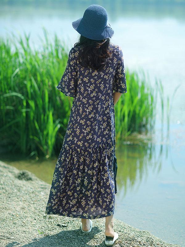 Summer Long One Half Sleeves Dress with Floral Print