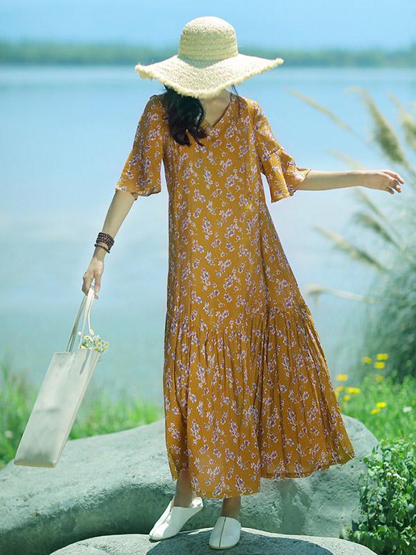 Summer Long One Half Sleeves Dress with Floral Print