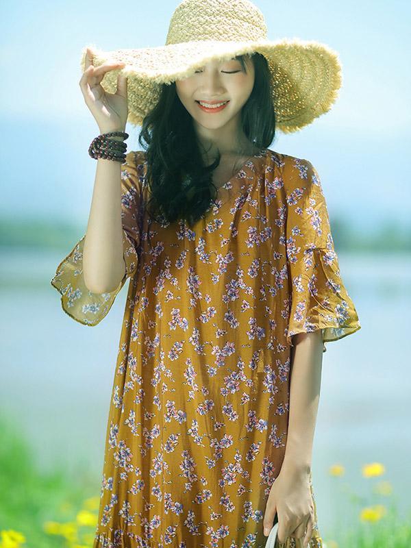 Summer Long One Half Sleeves Dress with Floral Print