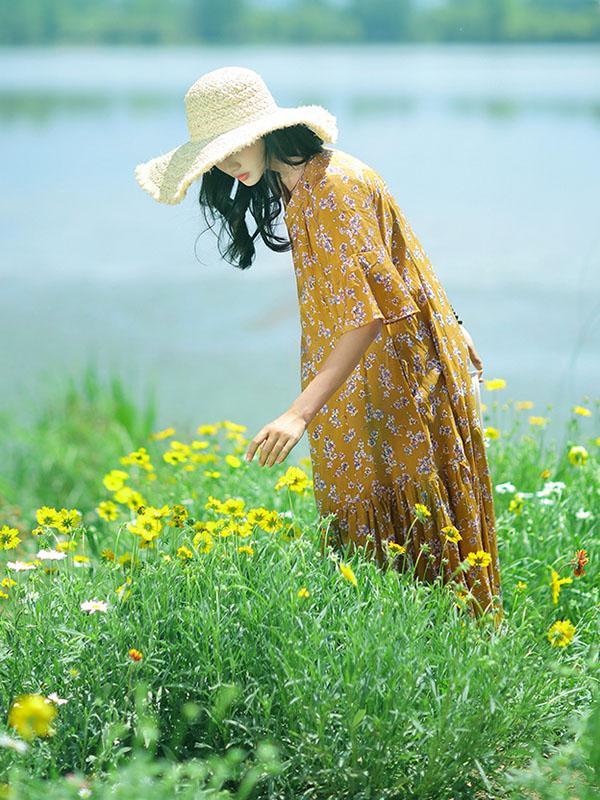 Summer Long One Half Sleeves Dress with Floral Print